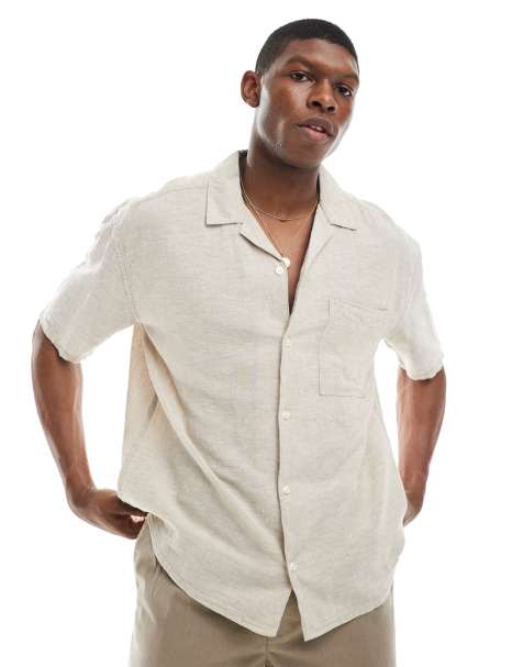 ONLY & SONS linen mix relaxed resort shirt in beige