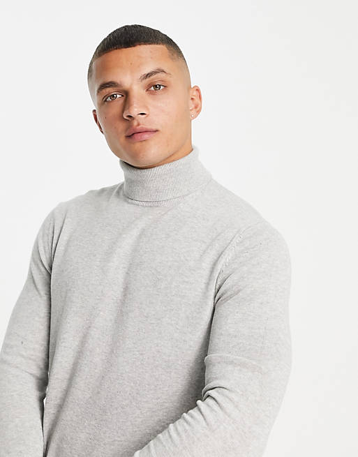 Only & Sons lightweight cotton roll neck jumper in light grey marl