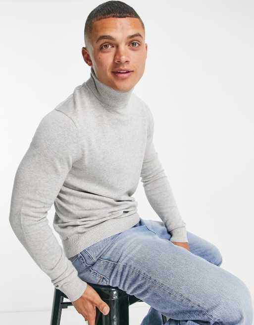 Only & Sons lightweight cotton roll neck jumper in light grey marl, 3 of 4