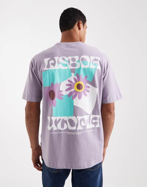 ONLY & SONS – Liliowy T-shirt o luźnym kroju z nadrukiem z napisem Lisbon na plecach