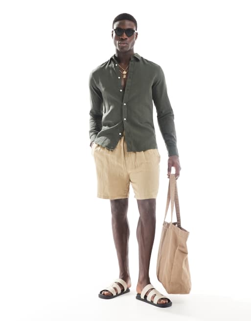 ONLY & SONS linen blend long sleeve shirt in dark green