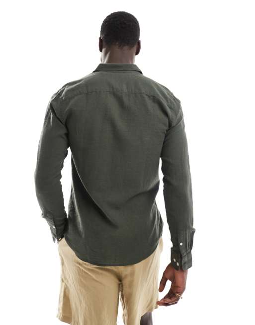 ONLY & SONS linen blend long sleeve shirt in dark green