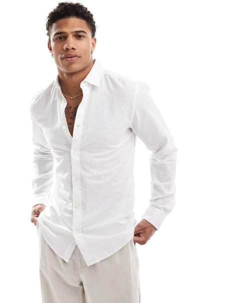 ONLY & SONS linen blend long sleeve slim fit shirt in white - view 1