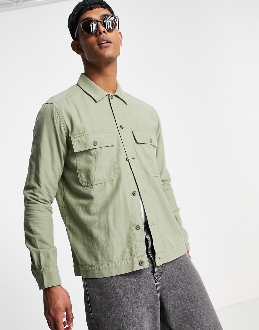 Only & Sons linen blend overshirt in green-Neutral