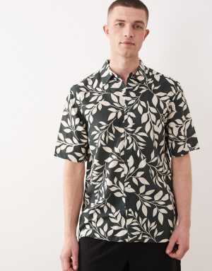ONLY & SONS linen blend short sleeve shirt in dark green leaf print