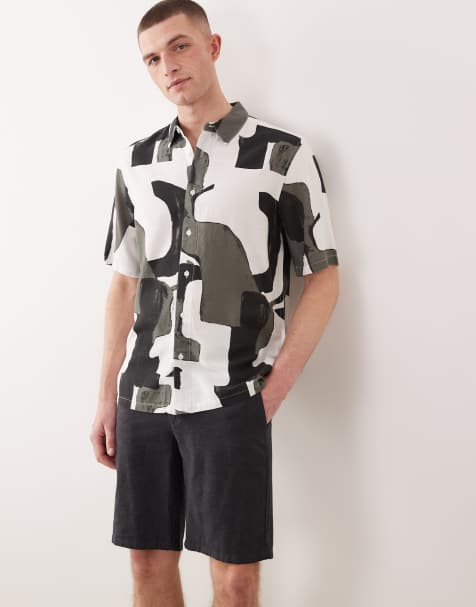 ONLY & SONS linen blend short sleeve shirt in grey abstract print