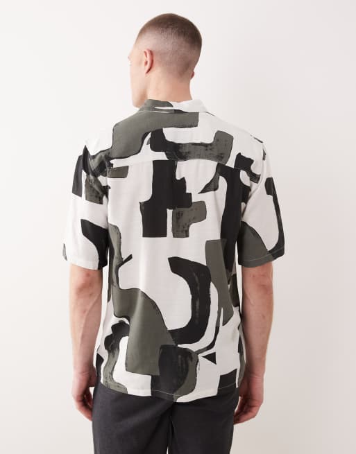 ONLY & SONS linen blend short sleeve shirt in grey abstract print, 2 of 5