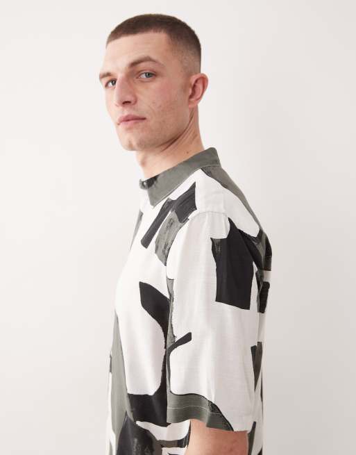 ONLY & SONS linen blend short sleeve shirt in grey abstract print, 4 of 5