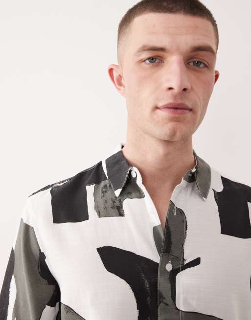 ONLY & SONS linen blend short sleeve shirt in grey abstract print, 5 of 5