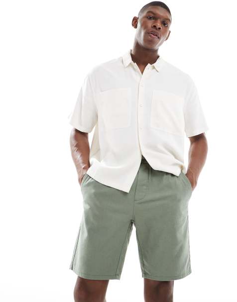 ONLY & SONS linen blend tie waist shorts in dark sage - view 1
