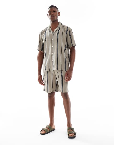 ONLY & SONS linen look co-ord in beige stripe - view 1