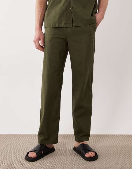 ONLY & SONS linen look loose fit trousers co-ord in olive green, 2 of 5