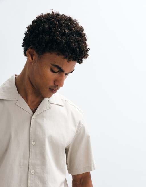 ONLY & SONS linen look revere collar shirt co-ord in beige, 3 of 7