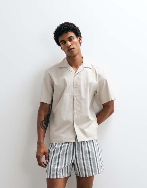 ONLY & SONS linen look revere collar shirt co-ord in beige, 4 of 7