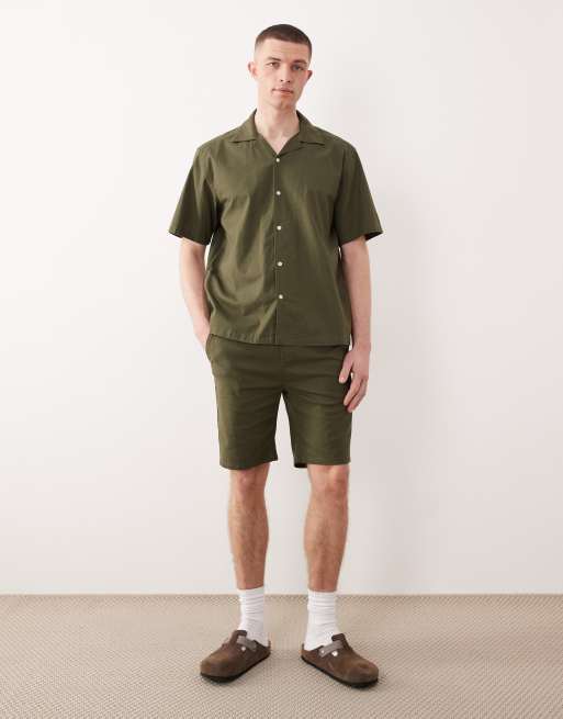 ONLY & SONS linen look revere collar shirt co-ord in olive green, 2 of 5