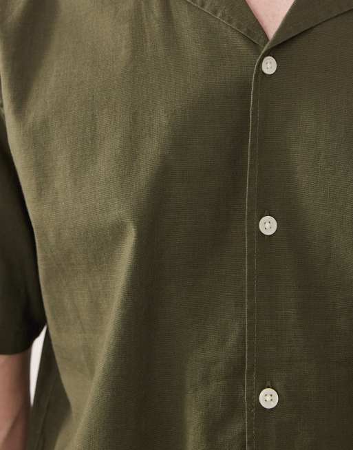 ONLY & SONS linen look revere collar shirt co-ord in olive green, 5 of 5