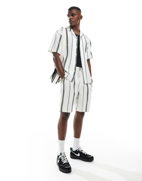 ONLY & SONS linen look short co-ord in mono stripe - view 1