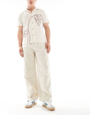 Only & Sons Linen Mix Baggy Pants With Toggles In Stone-neutral