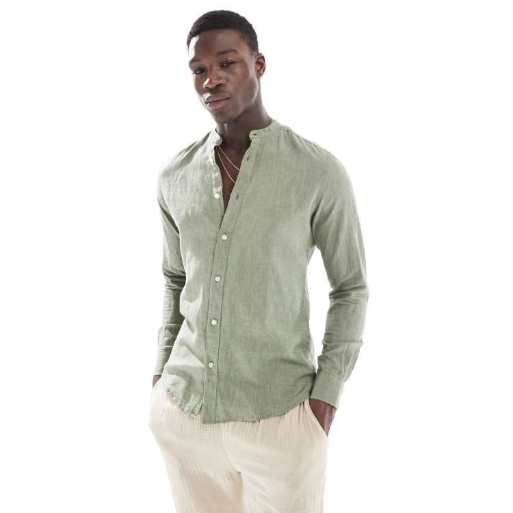 ONLY & SONS linen mix band collar shirt in sage | ASOS