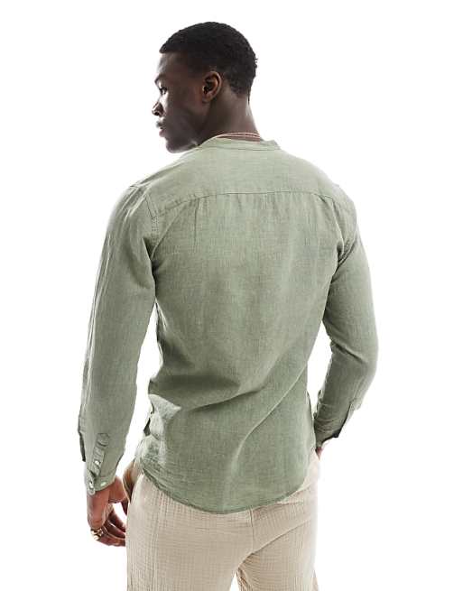 ONLY & SONS linen mix band collar shirt in sage | ASOS ONLY & SONS linen mix band collar shirt in sage | ASOS