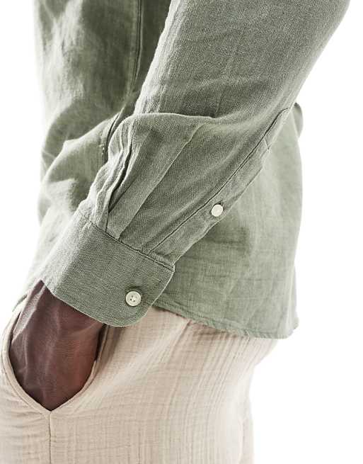 ONLY & SONS linen mix band collar shirt in sage | ASOS ONLY & SONS linen mix band collar shirt in sage | ASOS