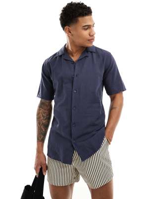 Only & Sons Linen Mix Camp Collar Shirt In Navy