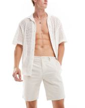 Abercrombie & Fitch short sleeve pattern embroid linen shirt in tan