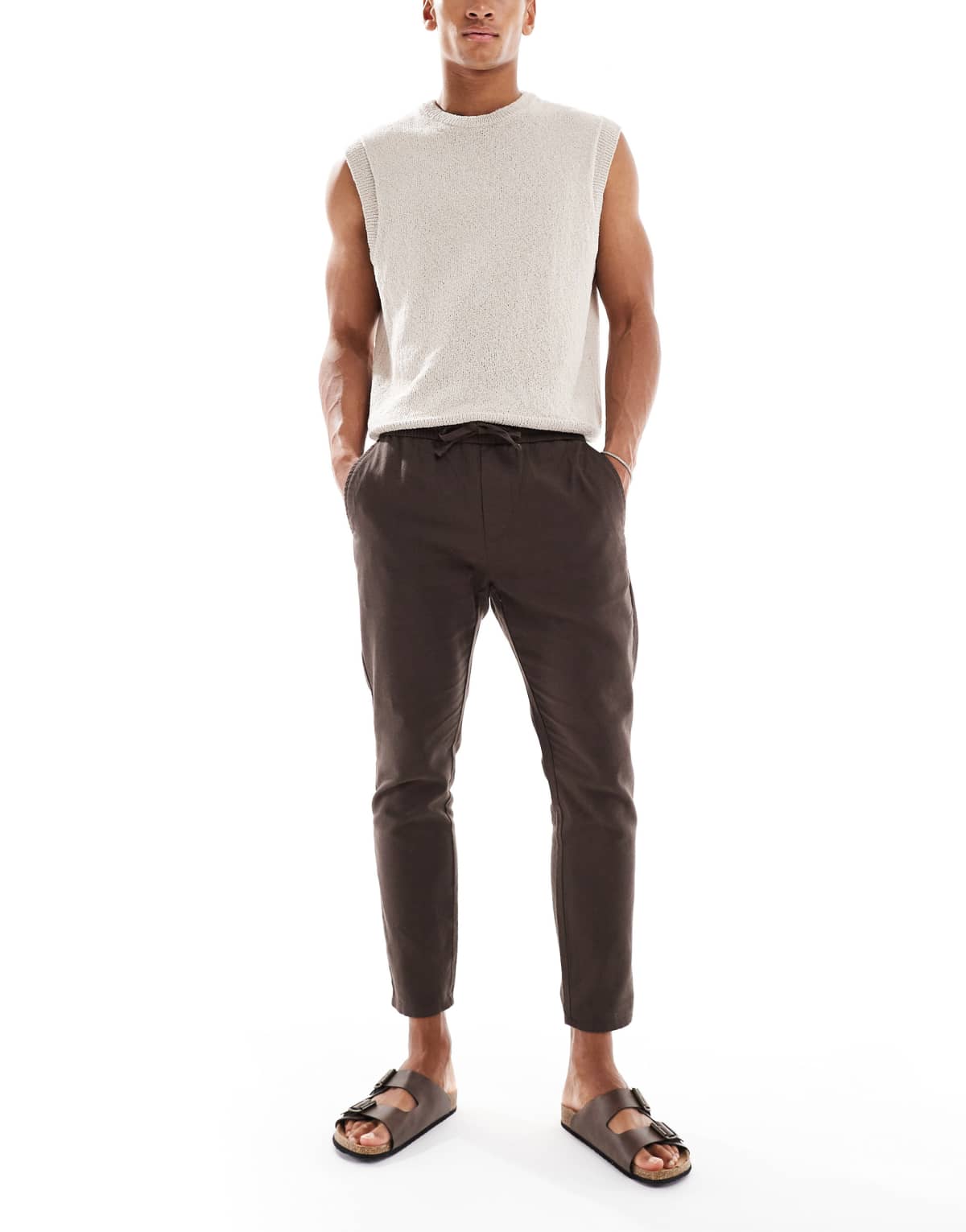 ONLY & SONS linen mix cropped trouser in brown