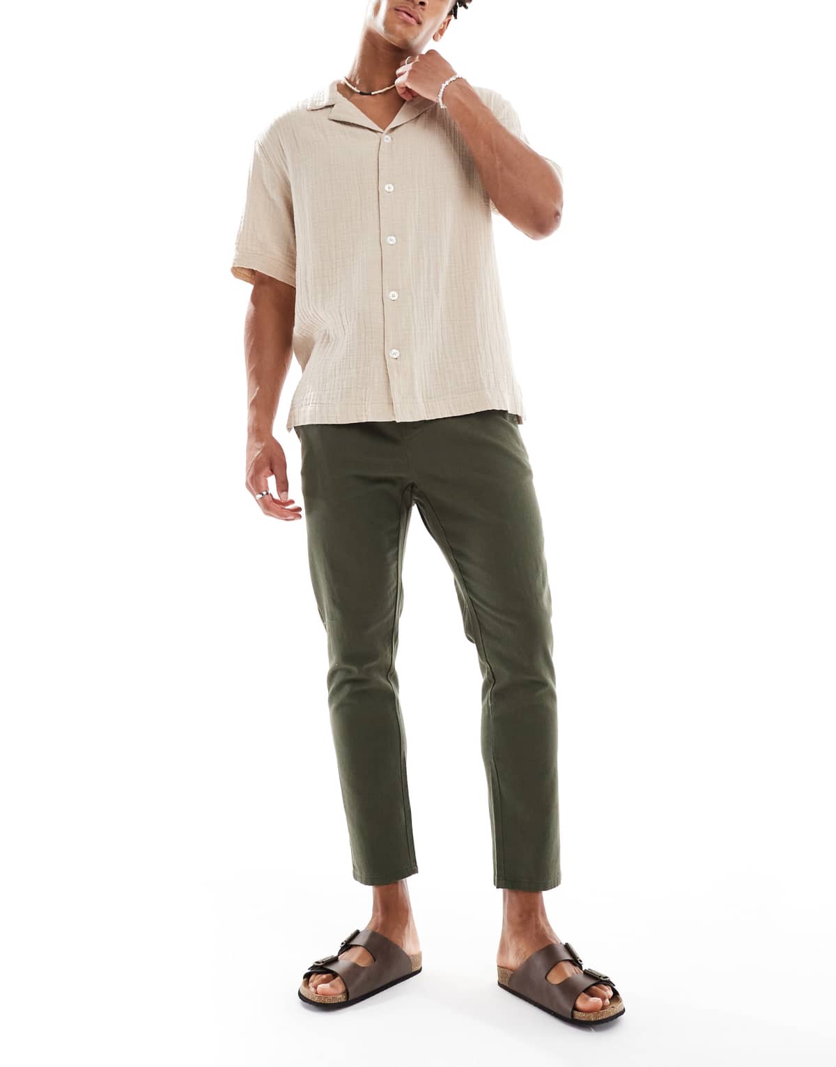 ONLY & SONS linen mix cropped trouser in dark khaki