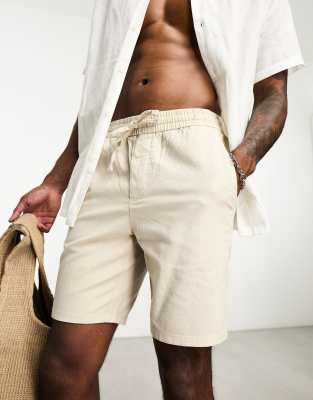 Only & Sons linen mix elasticated waist shorts in beige