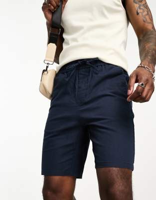 Only & Sons Linen Mix Elasticated Waist Shorts In Navy