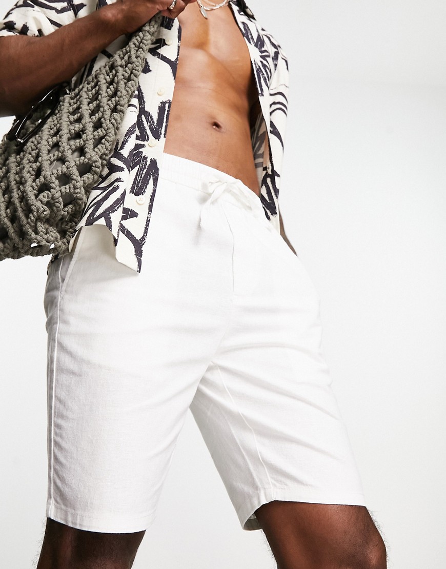 ONLY & SONS linen mix elasticated waist shorts in white