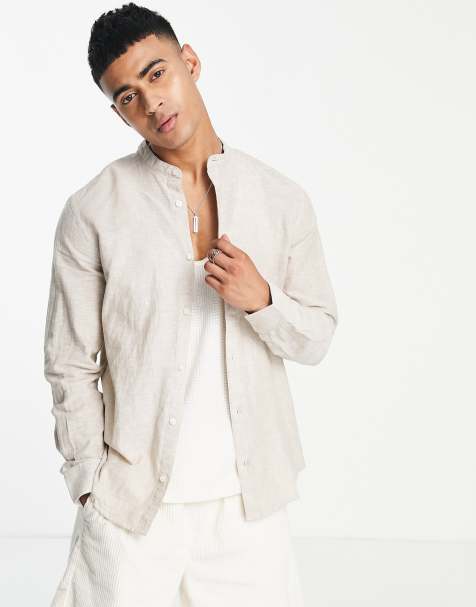 Only & Sons linen mix grandad collar shirt in beige - view 1