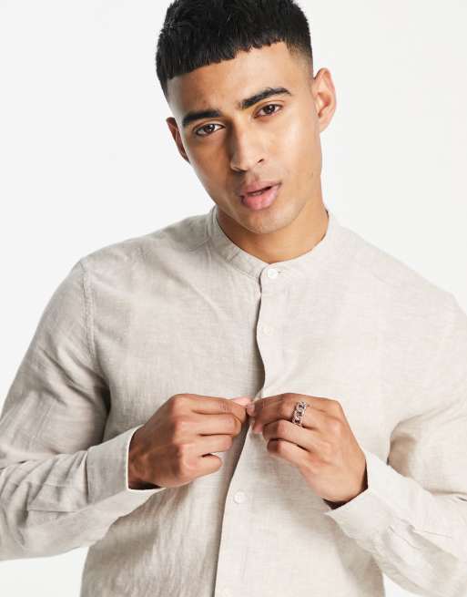 Only & Sons linen mix grandad collar shirt in beige , 3 of 4