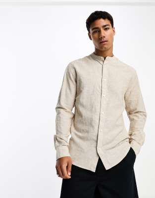 ONLY & SONS linen mix grandad collar shirt in beige