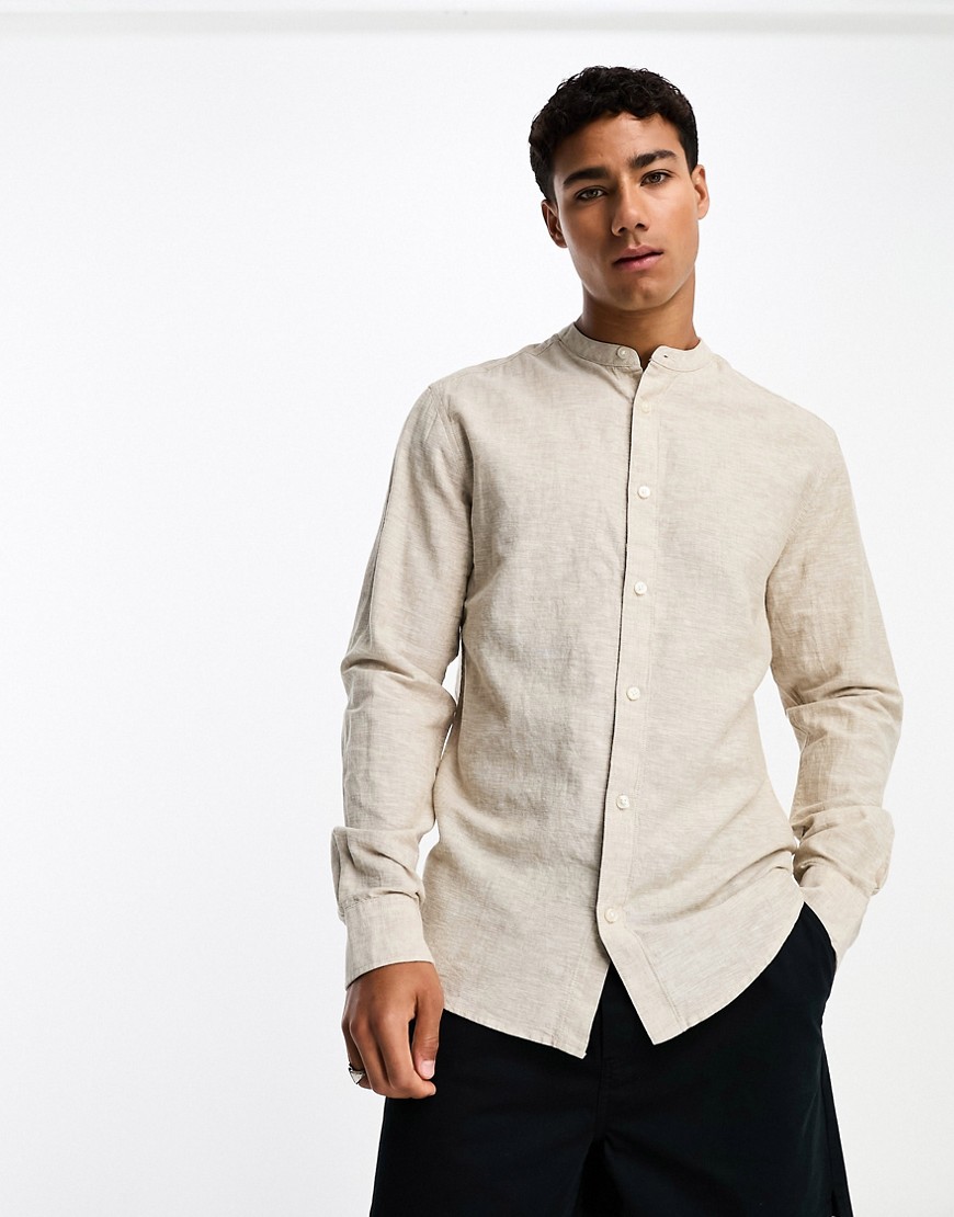 ONLY & SONS linen mix grandad collar shirt in beige-Neutral