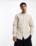 [ONLY & SONS] Only & Sons linen mix grandad collar shirt in beige-Neutral S Chinchilla