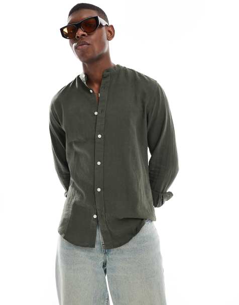 ONLY & SONS linen mix grandad collar shirt in khaki - view 1