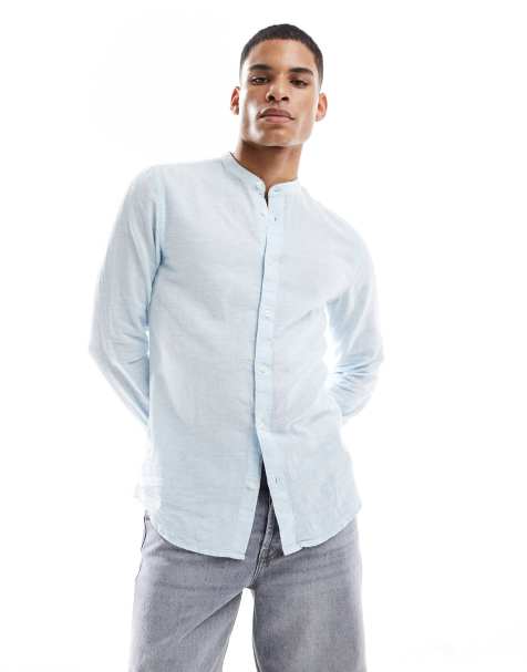 ONLY & SONS linen mix grandad collar shirt in light blue - view 1