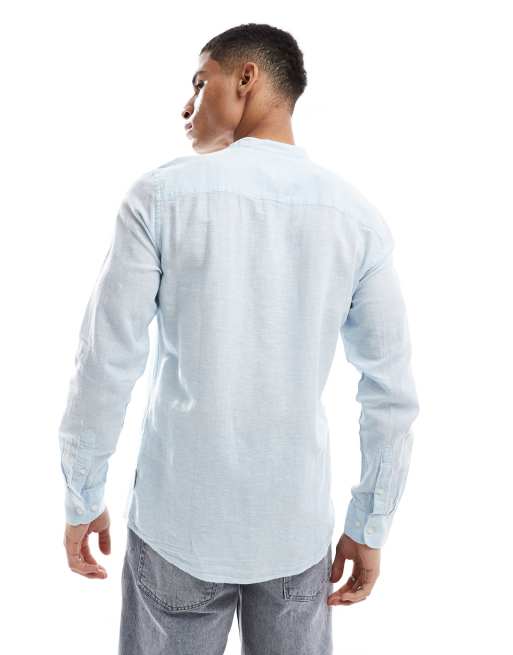 ONLY & SONS linen mix grandad collar shirt in light blue, 2 of 4