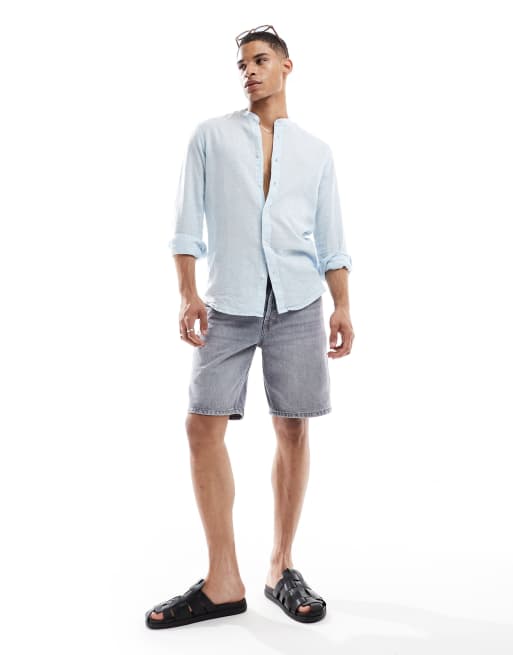 ONLY & SONS linen mix grandad collar shirt in light blue, 4 of 4