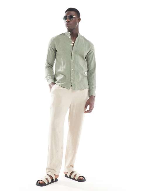 ONLY & SONS linen mix grandad collar shirt in sage