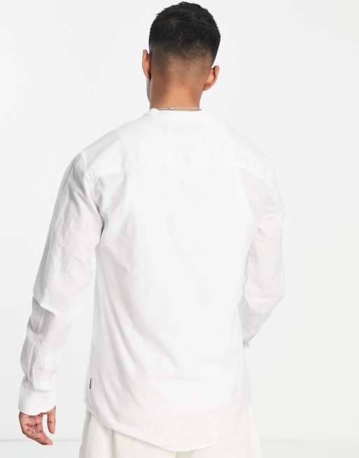 Only & Sons linen mix grandad collar shirt in white 