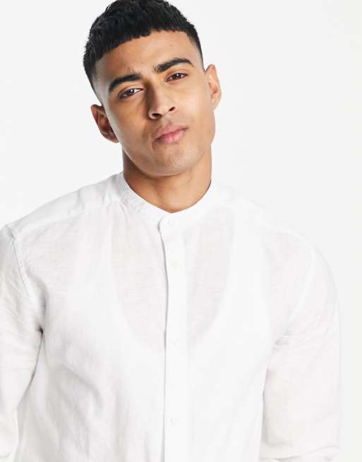 Only & Sons linen mix grandad collar shirt in white 