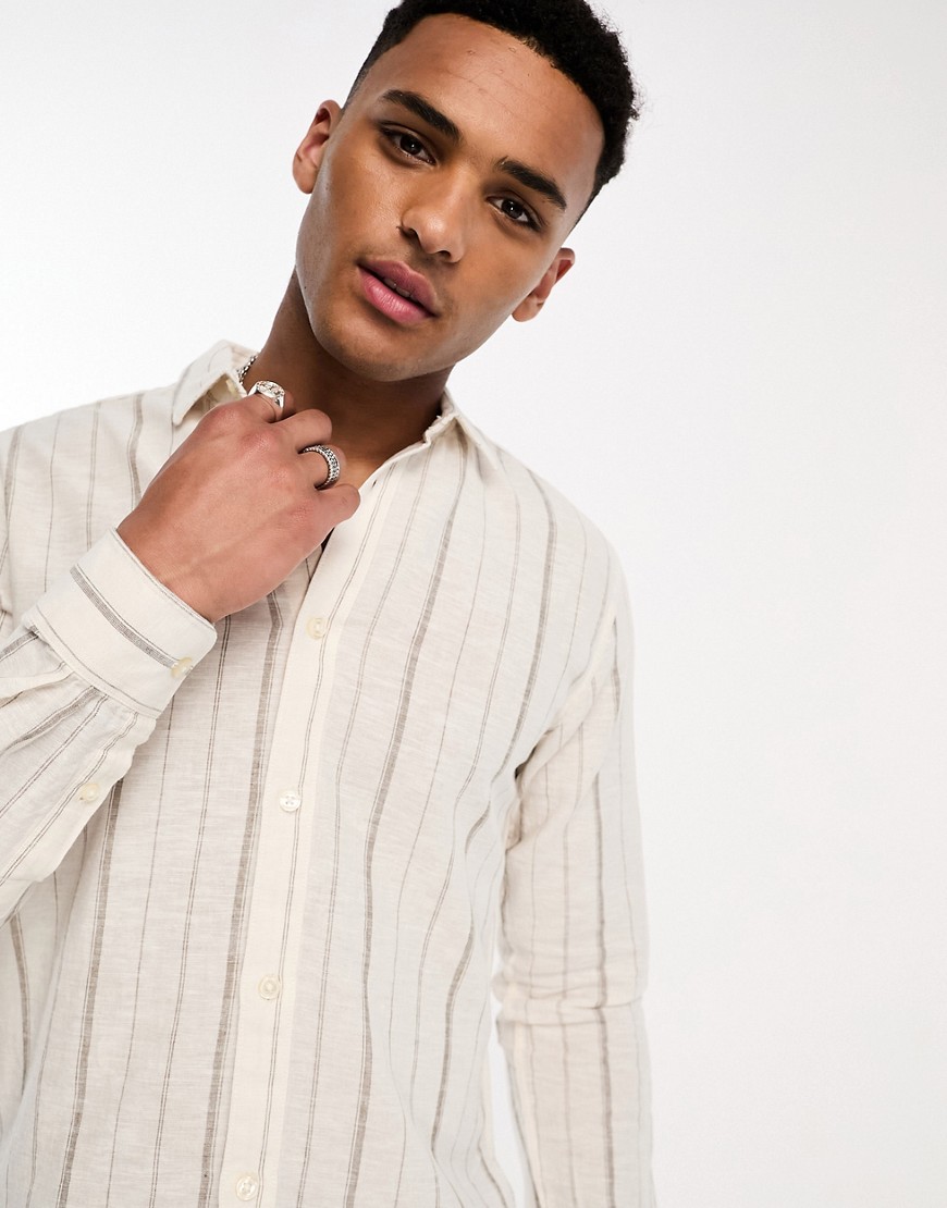 Only & Sons linen mix long sleeve shirt in beige stripe-Neutral