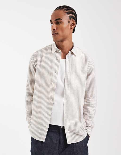 ONLY & SONS linen mix long sleeve shirt in beige stripes