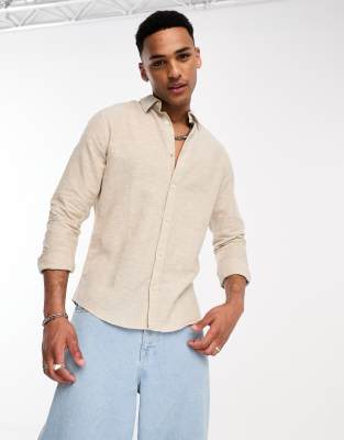 Only & Sons Linen Mix Long Sleeve Shirt In Beige-neutral