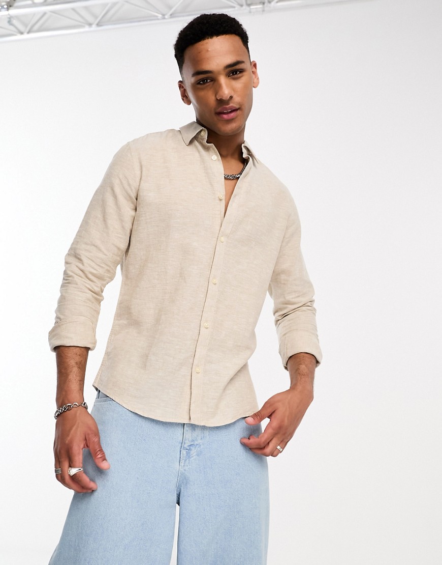 Only & Sons linen mix long sleeve shirt in beige-Neutral