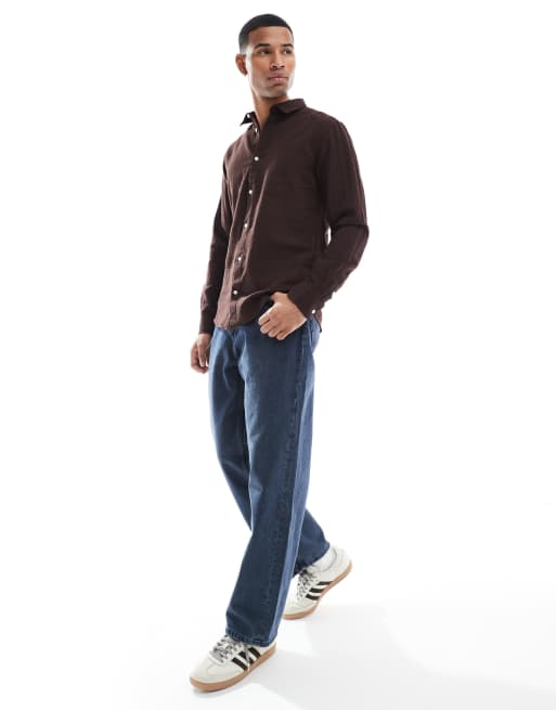 Only & Sons linen mix long sleeve shirt in brown