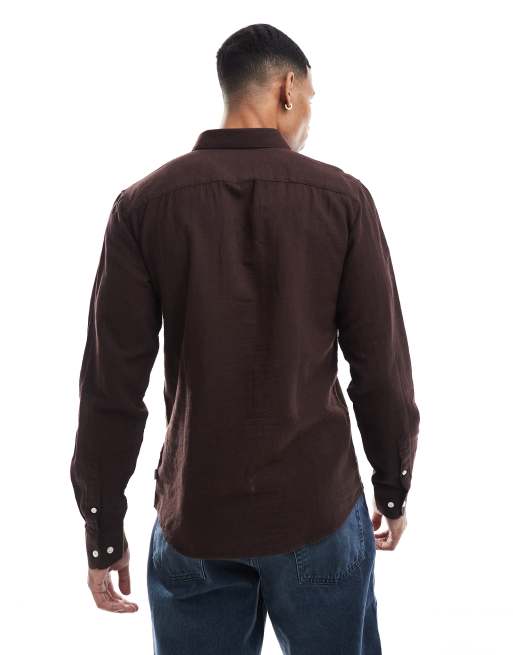 Only & Sons linen mix long sleeve shirt in brown